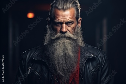 A man with a long beard wearing a leather jacket. Suitable for fashion, lifestyle, and outdoor-themed projects