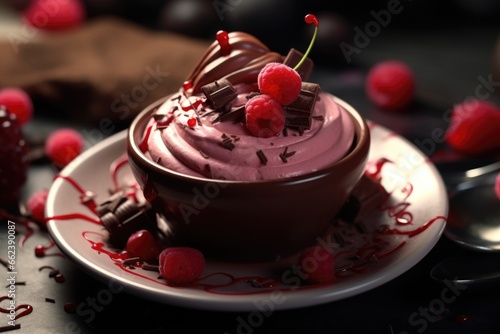 A delectable chocolate cup with a juicy cherry placed on top. Perfect for dessert lovers and food enthusiasts.