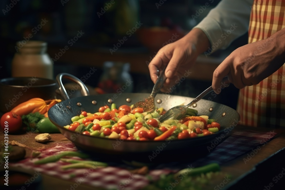 A person is cooking vegetables in a pan on a table. This image can be used to showcase healthy cooking, home cooking, or culinary skills.