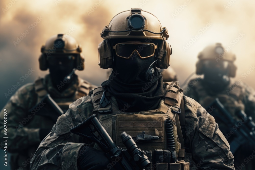A group of soldiers wearing gas masks and goggles. This image can be