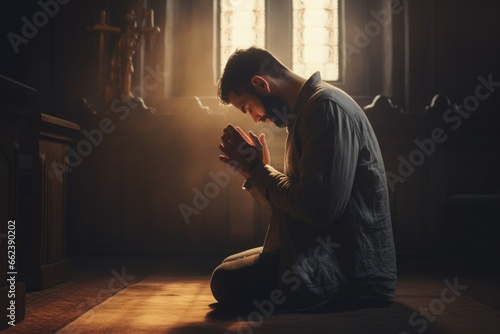 A man is shown kneeling on the floor in prayer. This image can be used to depict faith, spirituality, devotion, or religious practices photo