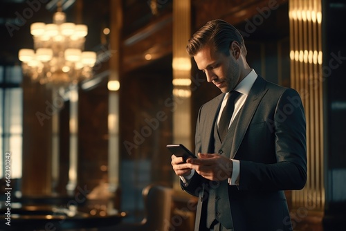 A professional man in a suit looking at his cell phone. Perfect for business, technology, and communication concepts