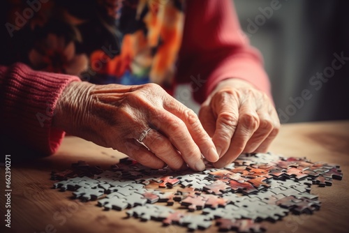 A woman is seen carefully assembling pieces of a puzzle. This image can be used to depict problem-solving, teamwork, or the concept of finding solutions.