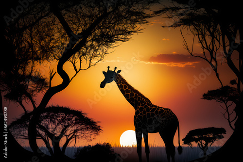 Giraffe in the evening savannah - silhouette of a giraffe in the rays of the setting sun