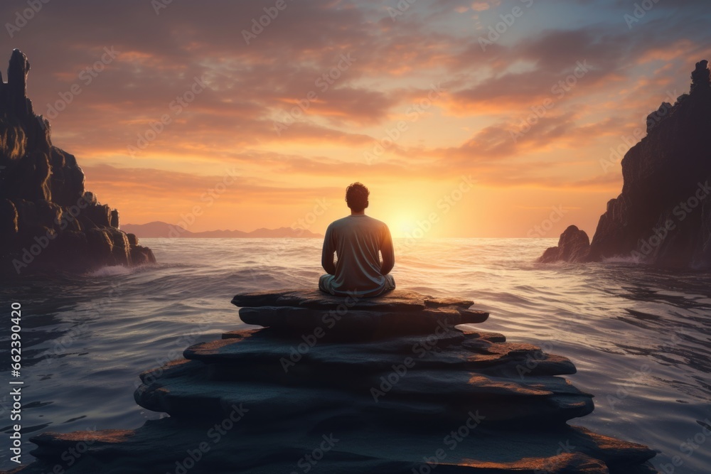 A man is seated on a rock in the middle of a body of water. This image can be used to depict solitude, relaxation, and tranquility.