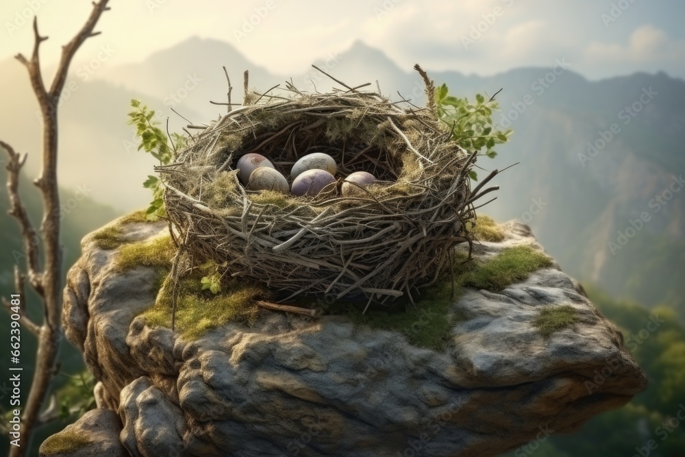 A bird's nest perched on a rugged rock in the scenic mountains. 