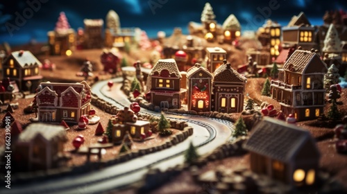 Cozy Christmas gingerbread village town greeting card. Little tiny toy christmas gingerbread village on white snow. Christmas night gingerbread houses on snowy winter light background © irissca