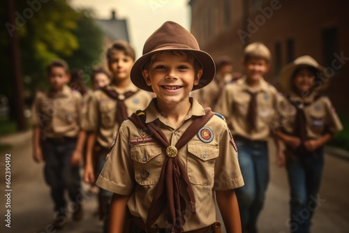 A group of scouts walking together down a street. Suitable for illustrating community, teamwork, and outdoor activities.