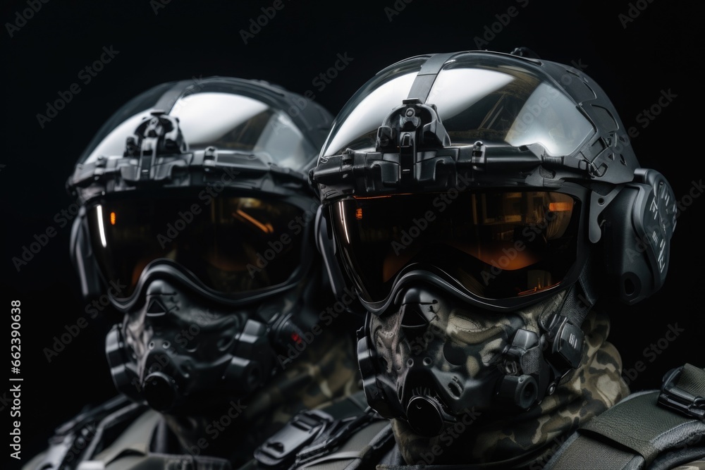 Two soldiers wearing helmets and goggles are depicted on a black background. This image can be used to represent military or combat-related themes.