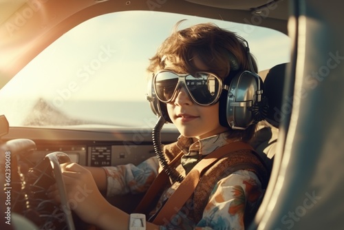A young boy wearing headphones can be seen driving a plane. This image can be used to depict a child's imagination and dreams of flying.