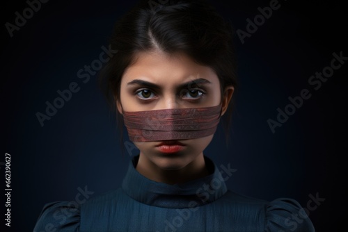 A woman is depicted holding a piece of paper over her mouth. This image can be used to represent concepts such as censorship, silence, secrets, or communication barriers.