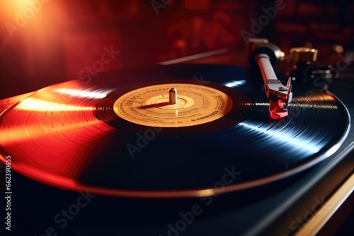 A turntable with a record on top, ready to play. Perfect for music lovers or vintage enthusiasts. photo