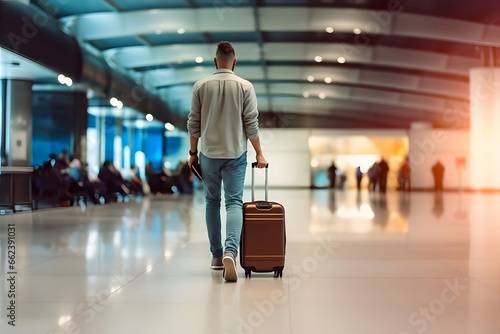unrecognizable male traveler with brown jacket and brown suitcase on wheels walking at airport hall. Neural network generated image. Not based on any actual scene or pattern.