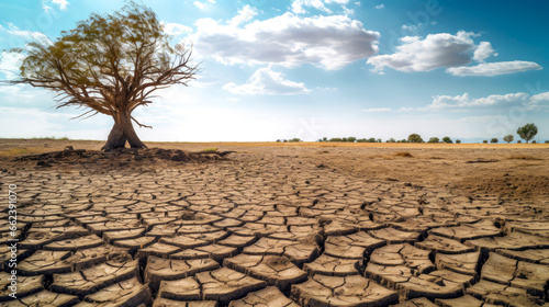 Dry land with dry tree. Global warming and climate change concept