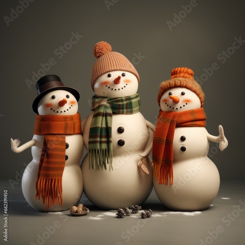 Charming Snowmen in Scarves and Hats Holding Objects: Artwork for Sale