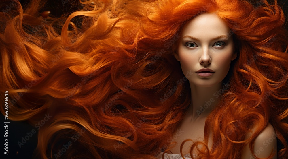 studio portrait of beautiful redhead woman with red hair, hairstyle and hairdresser concept, shampoo ad banner studio portrait of beautiful redhead woman with red hair, hairstyle and hairdresser concept, shampoo ad banner