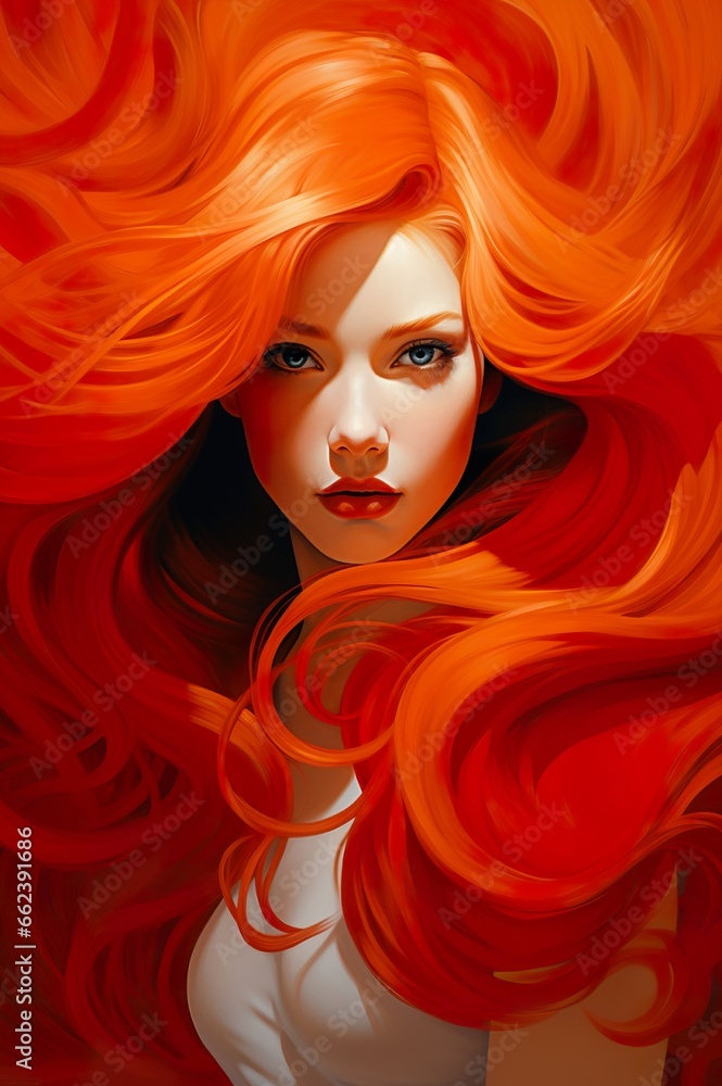 illustration of beautiful redhead young woman with stylish and shiny red hair
