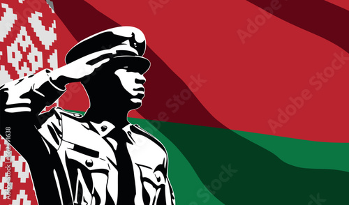 Silhouette of soldier with Belarus flag on background.