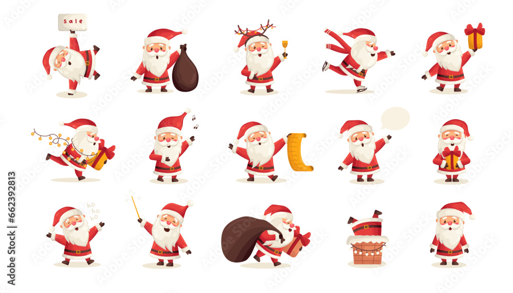Obraz premium Set of funny cute Santa Claus characters with different poses, emotions, holiday situations isolated on white background. Christmas holiday vector illustration in flat cartoon style