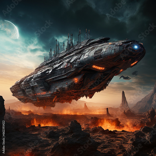 Fotografie, Obraz A massive military battlecruiser starship prepared to face its enemies in epic s