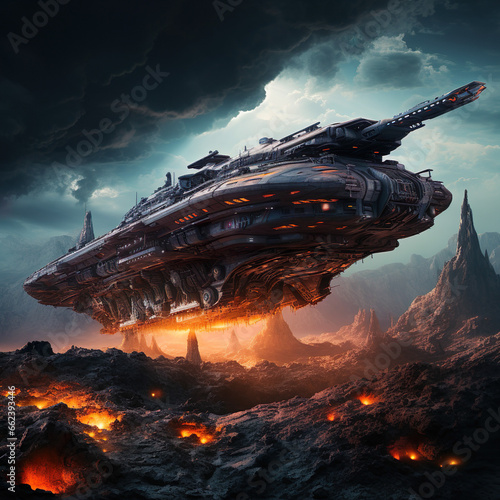 A massive military battlecruiser starship prepared to face its enemies in epic space battles