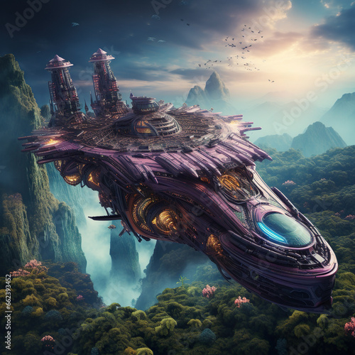 A massive military battlecruiser starship prepared to face its enemies in epic s Fototapet