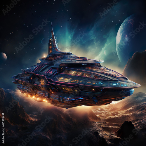 Fotografering A massive military battlecruiser starship prepared to face its enemies in epic s
