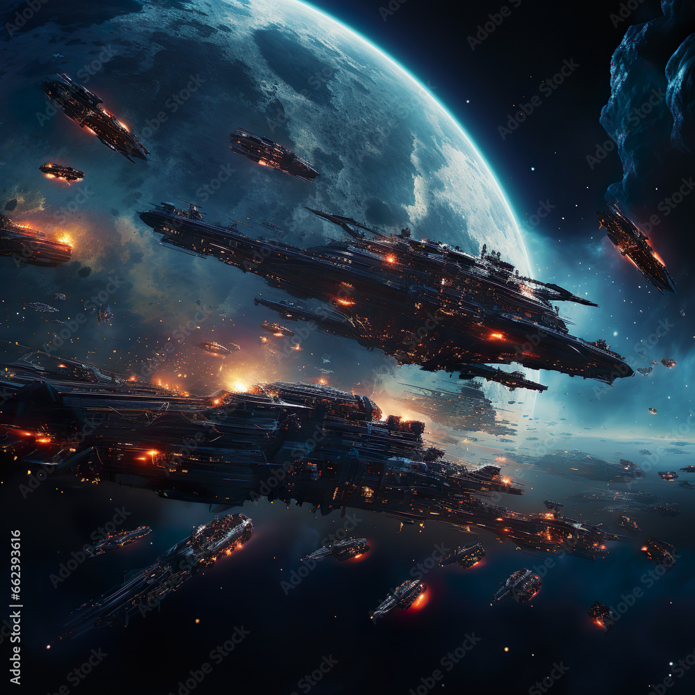 Fleet of military space ships engaging in a battle in space