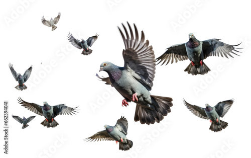 Flying Pigeons Birds in Motion Smoke and Flight on a Clear Surface or PNG Transparent Background.