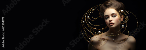 Jewelry fashion banner, woman in luxury creative golden pearls jewels, glamour female african American model with beauty face makeup wearing expensive gold stylish Jewelry on black background. photo