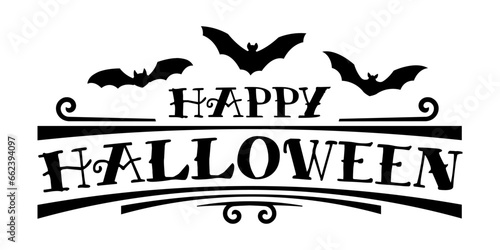 Happy Halloween text with bats. Scary font design. Halloween banner, poster, greeting card design template. Vector illustration.