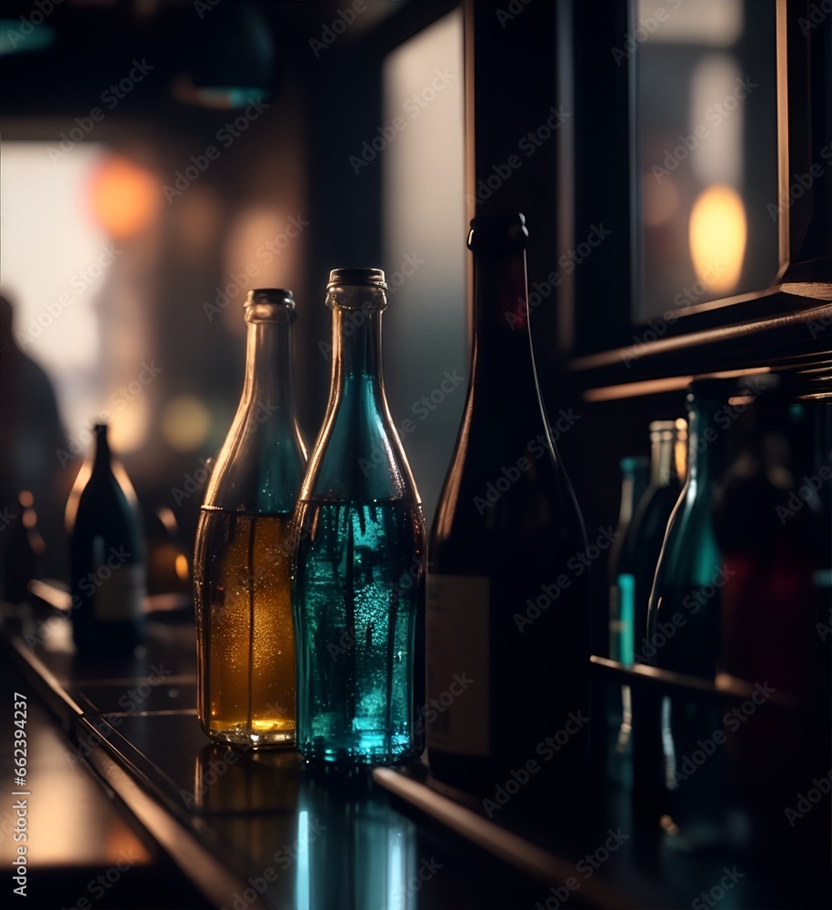 Bottles with alcoholic drinks in a cafe or restaurant. Color ...
