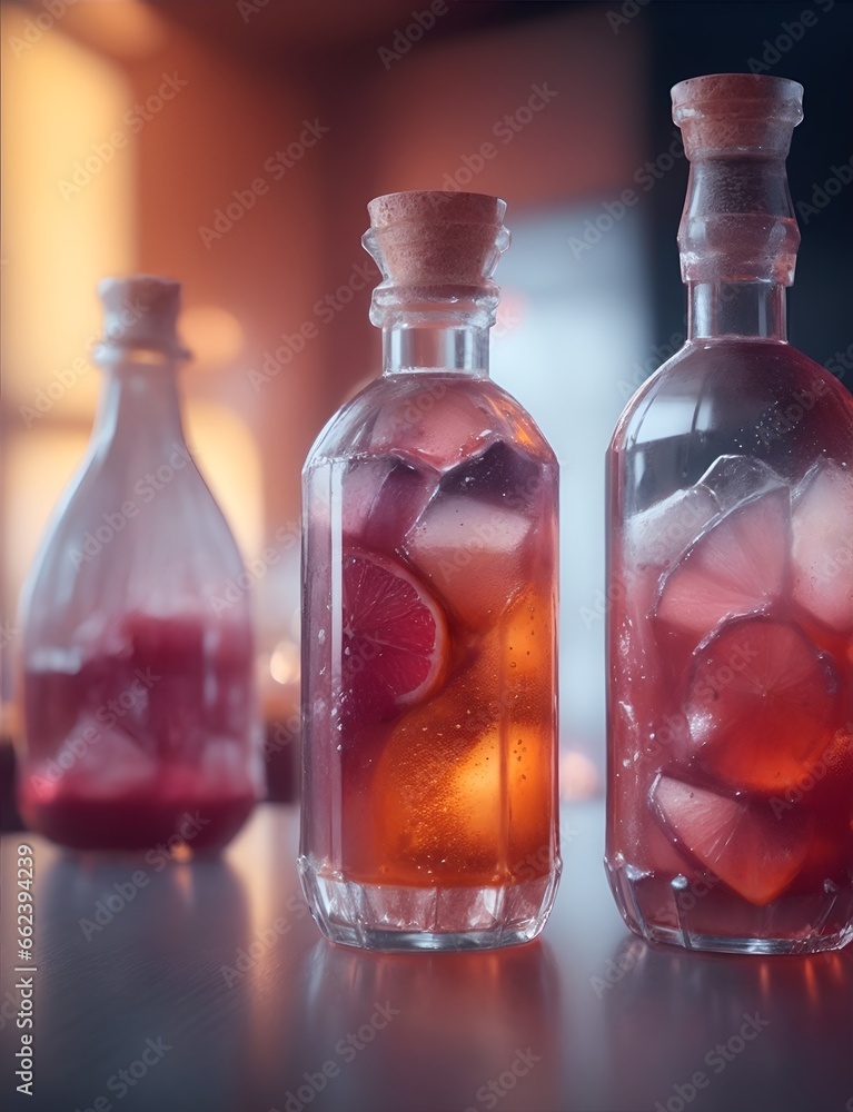 Bottles with alcoholic drinks in a cafe or restaurant. Color illustration for background. Picturesque portrait for the interior. Wall mural, poster or picture for home. Generative AI. Bottles with alcoholic drinks in a cafe or restaurant. Color illustration for background. Picturesque portrait for the interior. Wall mural, poster or picture for home. Generative AI.