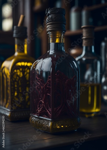 Bottles with alcoholic drinks in a cafe or restaurant. Color illustration for background. Picturesque portrait for the interior. Wall mural, poster or picture for home. Generative AI. © ae