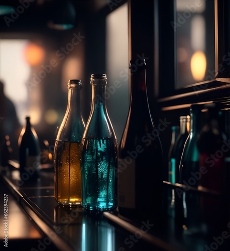 Bottles with alcoholic drinks in a cafe or restaurant. Color illustration for background. Picturesque portrait for the interior. Wall mural, poster or picture for home. Generative AI.