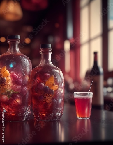 Bottles with alcoholic and non-alcoholic drinks in a cafe or restaurant. Color illustration for design projects. Photo wallpaper, poster, illustration for the catalog. Generative AI.