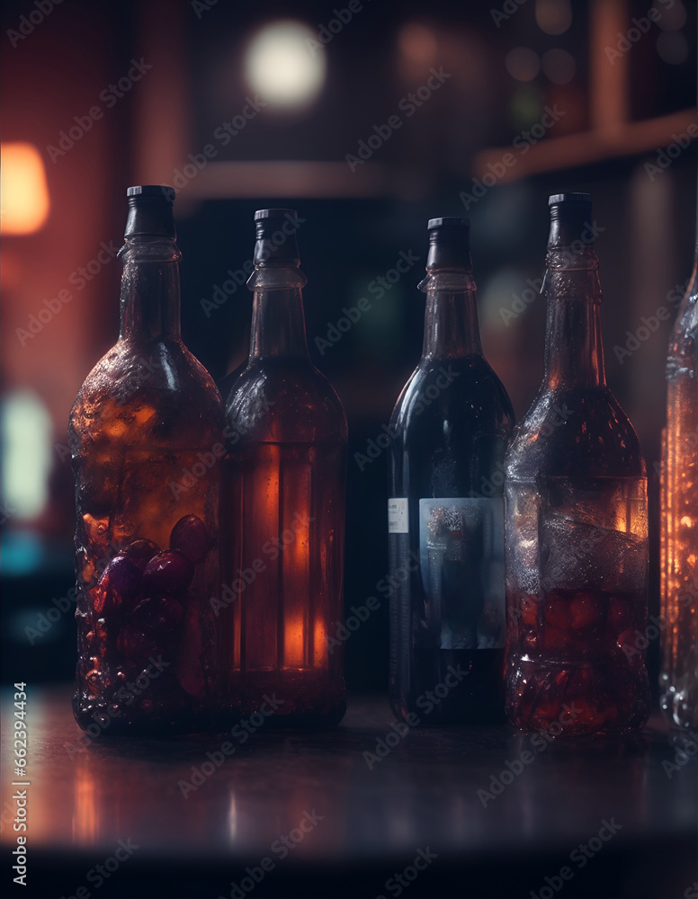 Bottles with alcoholic and non-alcoholic drinks in a cafe or restaurant. Color illustration for design projects. Photo wallpaper, poster, illustration for the catalog. Generative AI. Bottles with alcoholic and non-alcoholic drinks in a cafe or restaurant. Color illustration for design projects. Photo wallpaper, poster, illustration for the catalog. Generative AI.