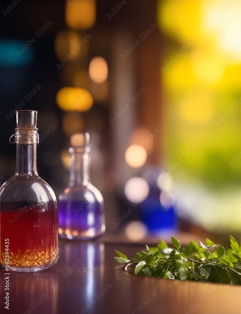 Bottles with alcoholic and nonalcoholic drinks in a cafe or restaurant