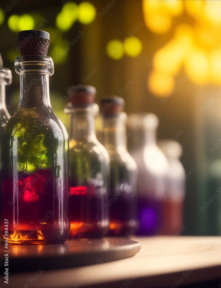 Bottles with alcoholic and non-alcoholic drinks in a cafe or restaurant. Color illustration for design projects. Photo wallpaper, poster, illustration for the catalog. Generative AI. Bottles with alcoholic and non-alcoholic drinks in a cafe or restaurant. Color illustration for design projects. Photo wallpaper, poster, illustration for the catalog. Generative AI.