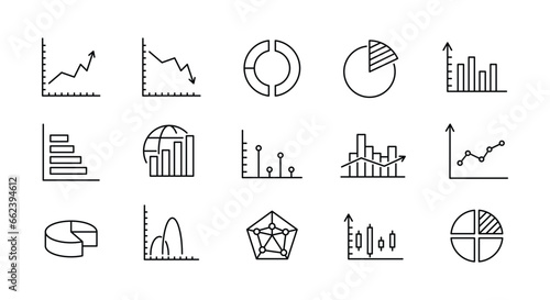 Graphs and charts simple icons set. 15 Finance and Analytics icons isolated on white background. Vector illustration