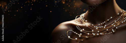 Jewelry fashion banner, woman in luxury creative golden pearls jewels, glamour female african American model with beauty face makeup wearing expensive gold stylish Jewelry on black background.