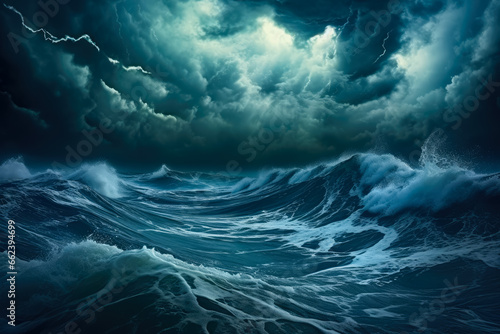 Stormy Ocean Waves And Sky. Dark Abstract Background. Ai Generated 