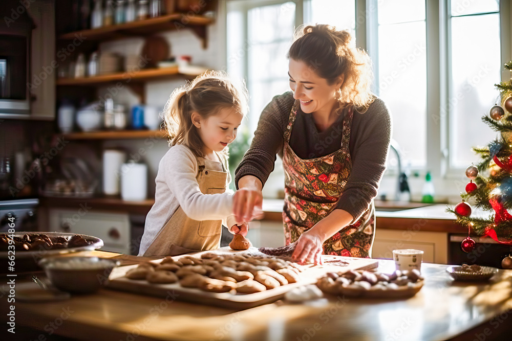 A woman and a little girl baking Christmas cookies together - obrazy, fototapety, plakaty 