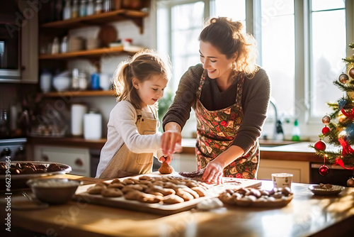 A woman and a little girl baking Christmas cookies together photo