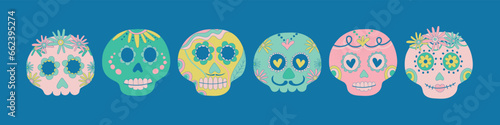 Sugar skulls decorated by design elements and colorful floral ornament. Mexican national holiday Day of the dead. Festive banner templates for Dia de los muertos. Vector illustration