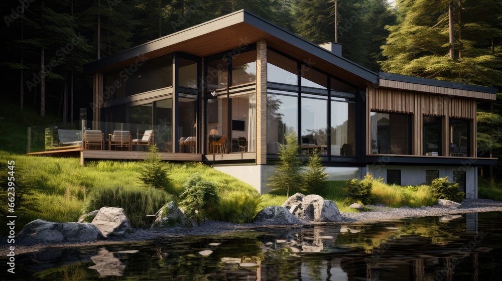 Ecological and modern house surrounded by nature, sustainability and care for the environment. Generative AI