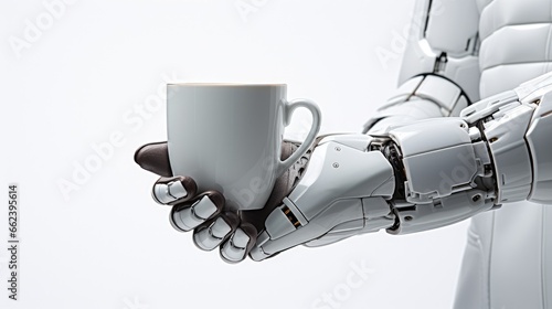 high tech white robotic hand hold white cup , isolated on white background