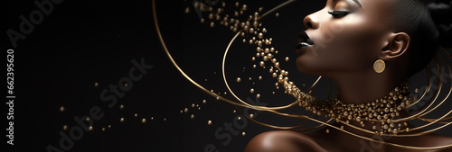 Wallpaper Mural Jewelry fashion banner, woman in luxury creative golden pearls jewels, glamour female african American model with beauty face makeup wearing expensive gold stylish Jewelry on black background. Torontodigital.ca