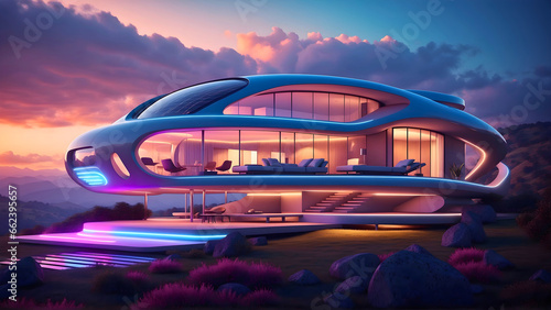 Elegant and shiny futuristic smart home with luxurious rooms and furniture, and neon stairs. Sunset over the mountains occurs in the background