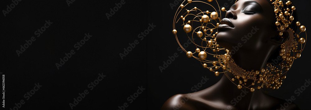 Obraz na płótnie Jewelry fashion banner, woman in luxury creative golden pearls jewels, glamour female african American model with beauty face makeup wearing expensive gold stylish Jewelry on black background. w salonie